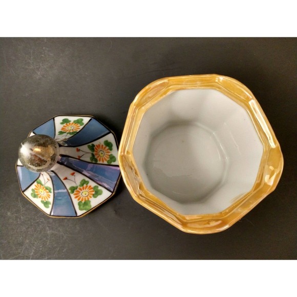 Vintage Lusterware Covered Candy Dish Peach Blue Gold Ceramic Porcelain Painted - Picture 10 of 10